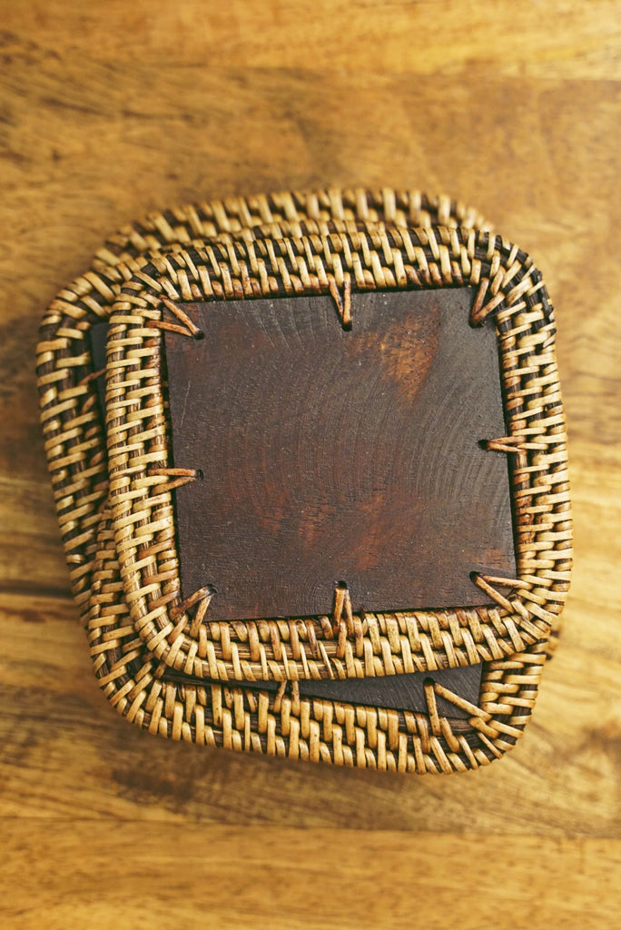 Square Wood Wicker Coaster Set